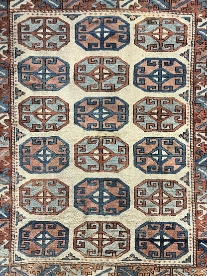 Turkish Kazak Rug 3x4, Wool Hand Knotted Handmade Vintage Carpet, Geometric Tribal Repeated Motif, Small 3 x 4 Antique Rug, Cream Red - Nuvé