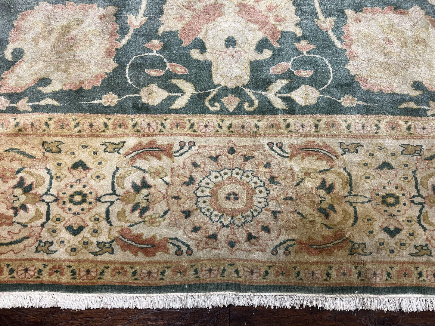 Egyptian Mahal Rug 10x14, Large Vintage Floral Hand Knotted Wool Carpet 10 x 14, Dark Green and Beige Traditional Handmade Persian Area Rug - Nuvé