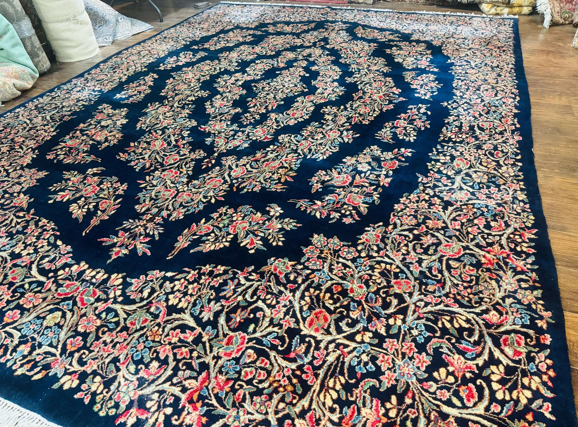 Antique Persian Kerman Rug 10x13, Navy Blue Floral Carpet, Fine 270 KPSI - Nuvé