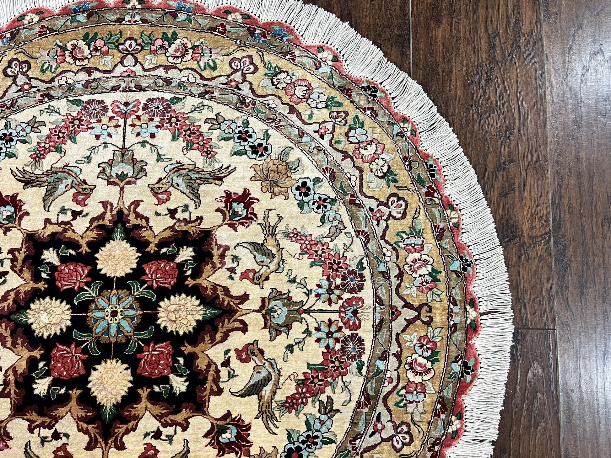 Silk Persian Tabriz Round Rug 3x3 ft, Very Fine Hand Knotted Carpet 380 KPSI, Cream & Gold, Bird Pictorials, Floral, Rare - Nuvé