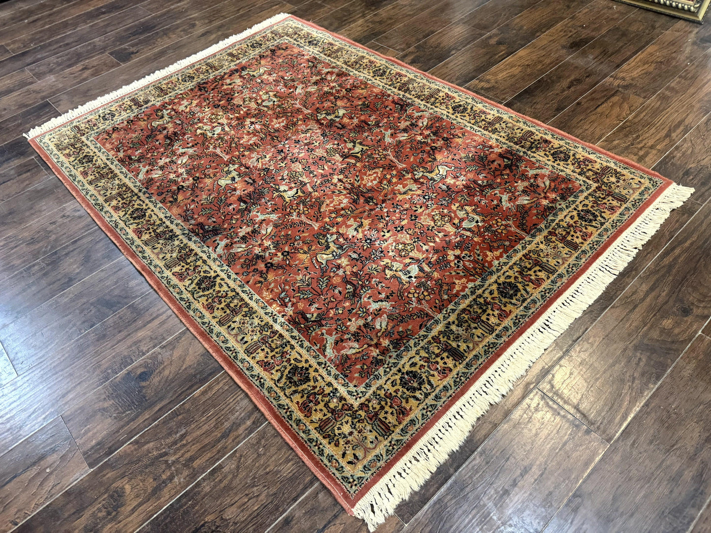 Persian Hunting Design Rug 4.7 x 6.5, Hunting Scene, Red-Orange, Wool, Belgian Power Loomed Carpet - Nuvé
