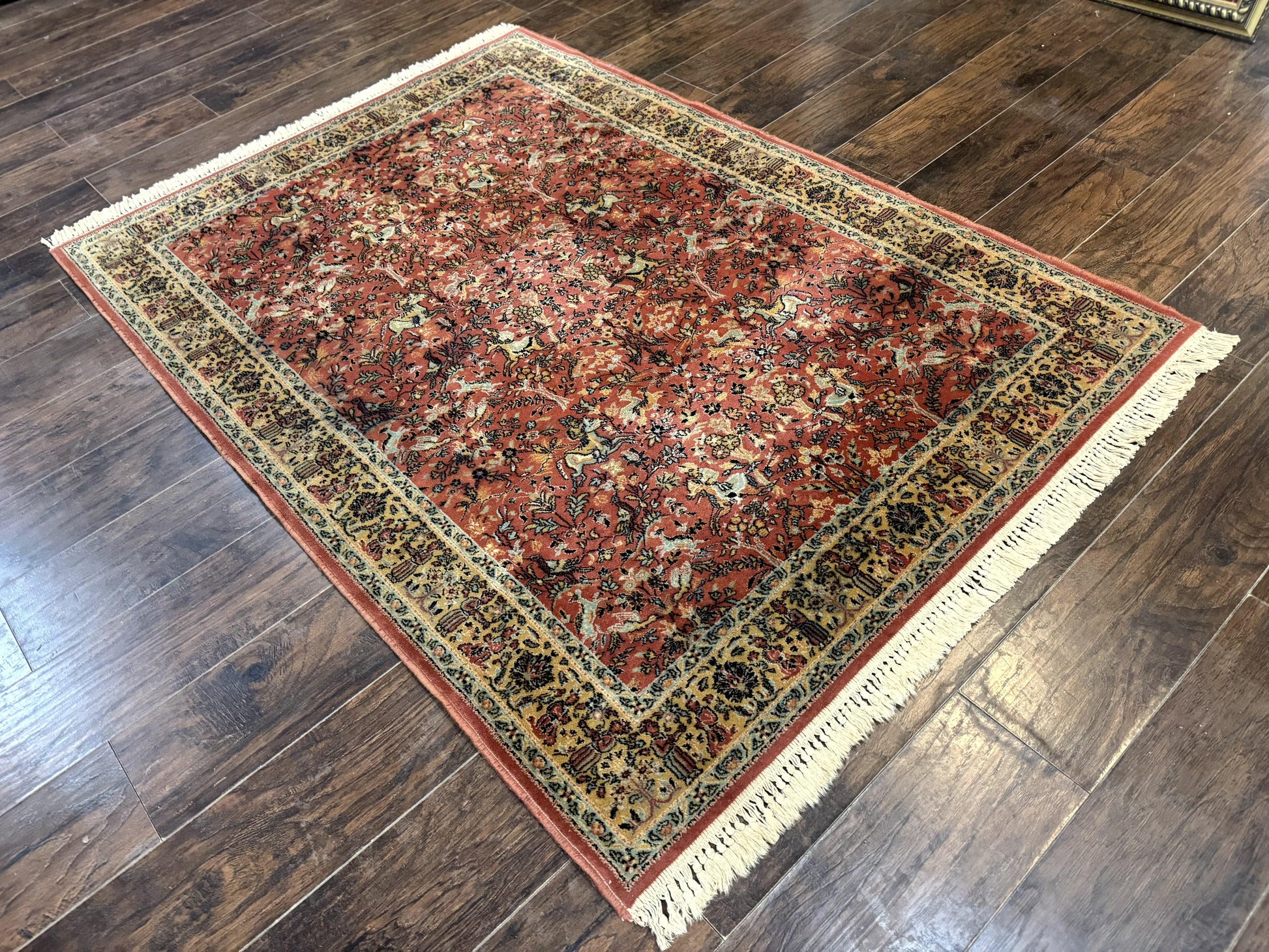 Persian Hunting Design Rug 4.7 x 6.5, Hunting Scene, Red-Orange, Wool, Belgian Power Loomed Carpet - Nuvé