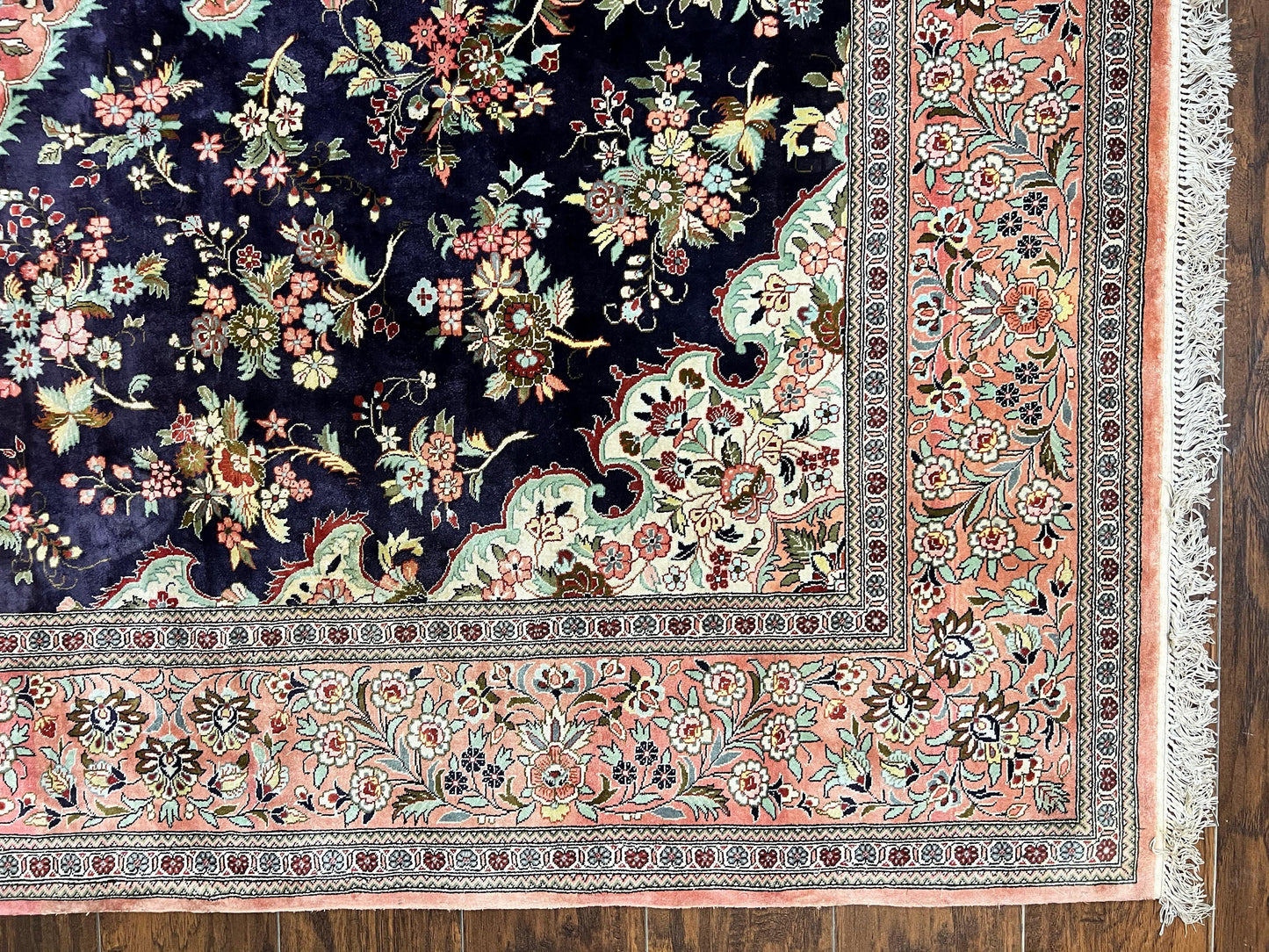 Stunning Silk Persian Qum Rug 7x9, Finely Hand Knotted Navy Blue & Salmon Floral Medallion Authentic Oriental Carpet, Vintage Handmade Silk Ghom Rug, Silk on Silk - Nuvé