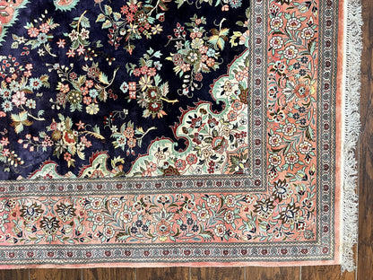 Stunning Silk Persian Qum Rug 7x9, Finely Hand Knotted Navy Blue & Salmon Floral Medallion Authentic Oriental Carpet, Vintage Handmade Silk Ghom Rug, Silk on Silk - Nuvé