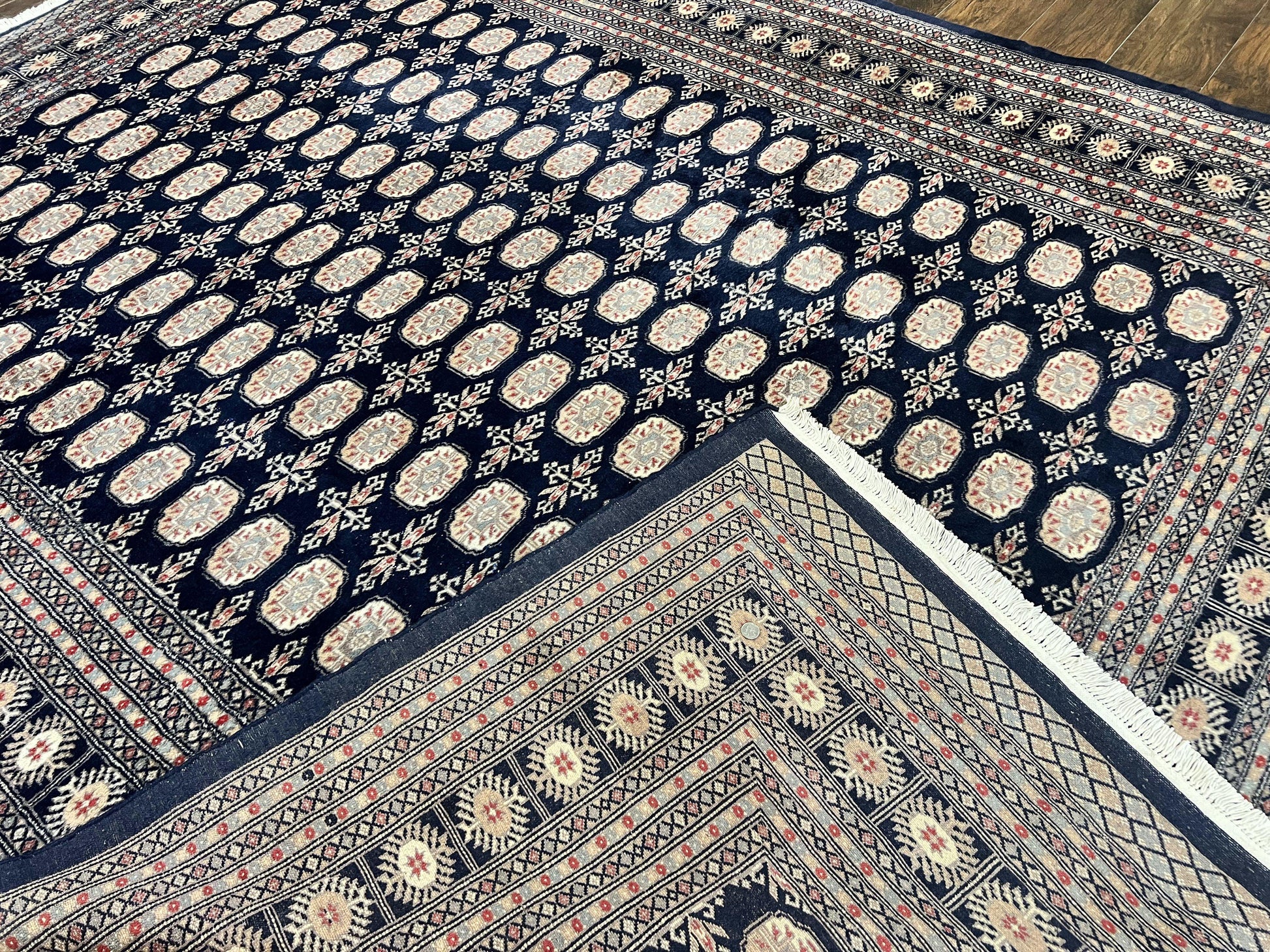 Pakistani Bokhara Rug 8x10, Turkoman Carpet, Dark Blue and Beige, Vintage Handmade Wool Carpet - Nuvé