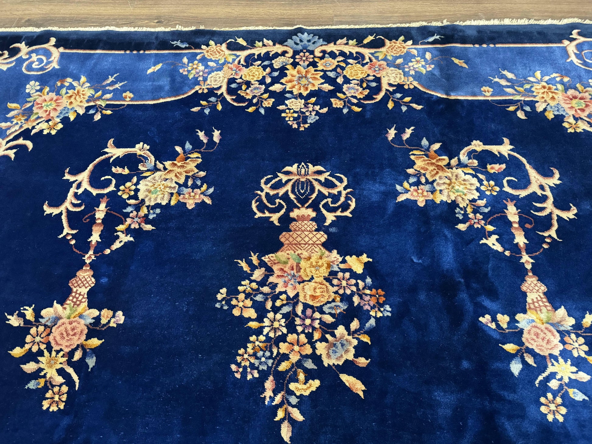 Blue Chinese Art Deco Rug 9x12, Vintage Antique Chinese Wool Rug, Chinese Fette Rug - Nuvé