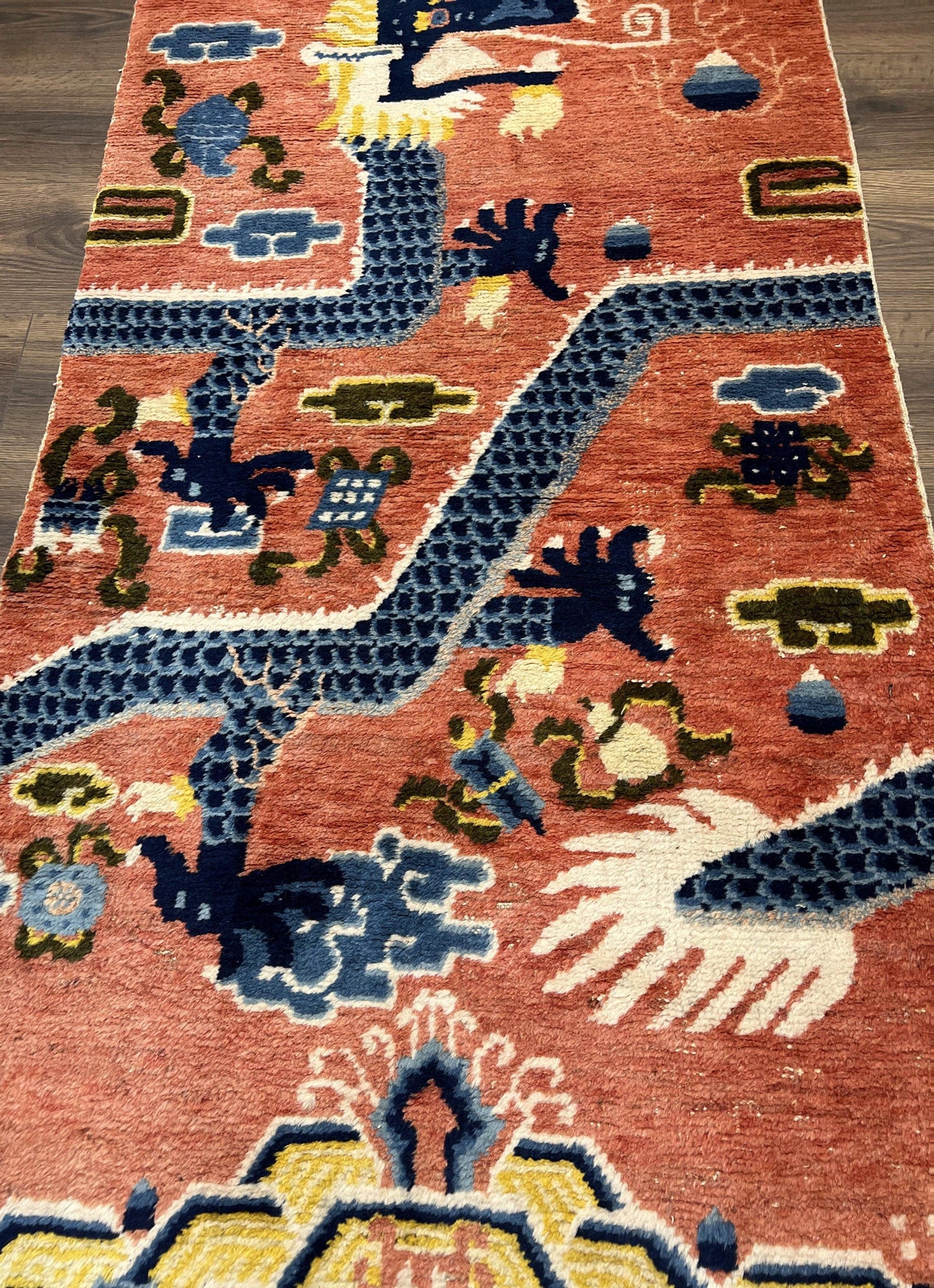 Rare Chinese Ningxia Pillar Rug 3x8, Late Qing Dynasty, 5 Clawed Dragon, Cloud Rainbow Border, Collectible Antique Carpet, Wool Hand Knotted - Nuvé