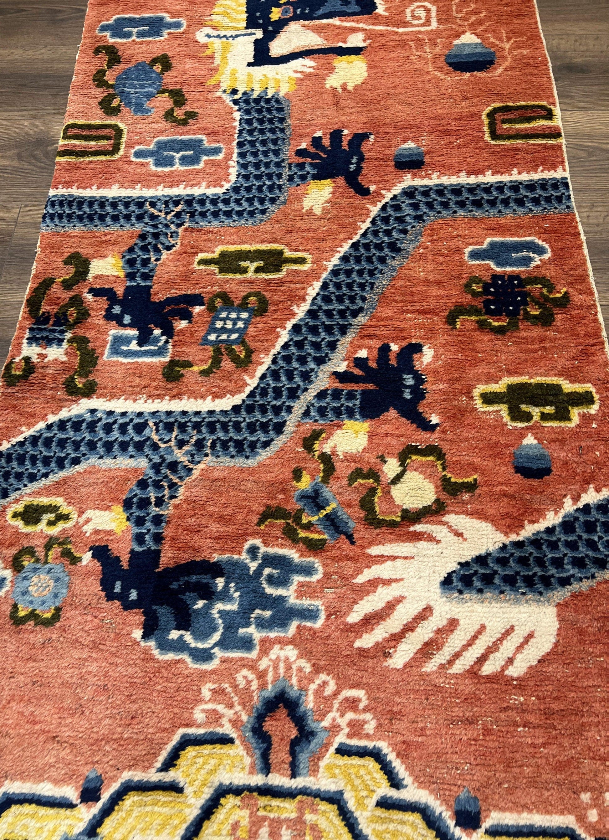 Rare Chinese Ningxia Pillar Rug 3x8, Late Qing Dynasty, 5 Clawed Dragon, Cloud Rainbow Border, Collectible Antique Carpet, Wool Hand Knotted - Nuvé