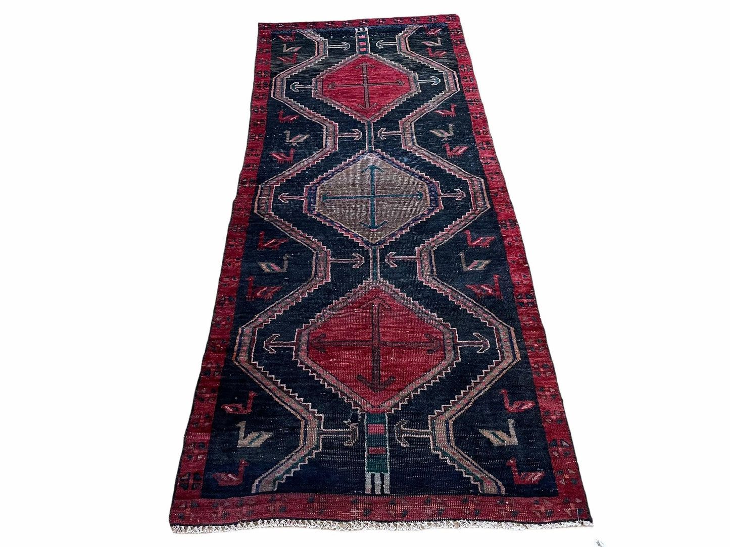 3 X 7 Handmade Wool Tribal Runner Rug Geometric Red Blue Boho Organic Dyes - Nuvé