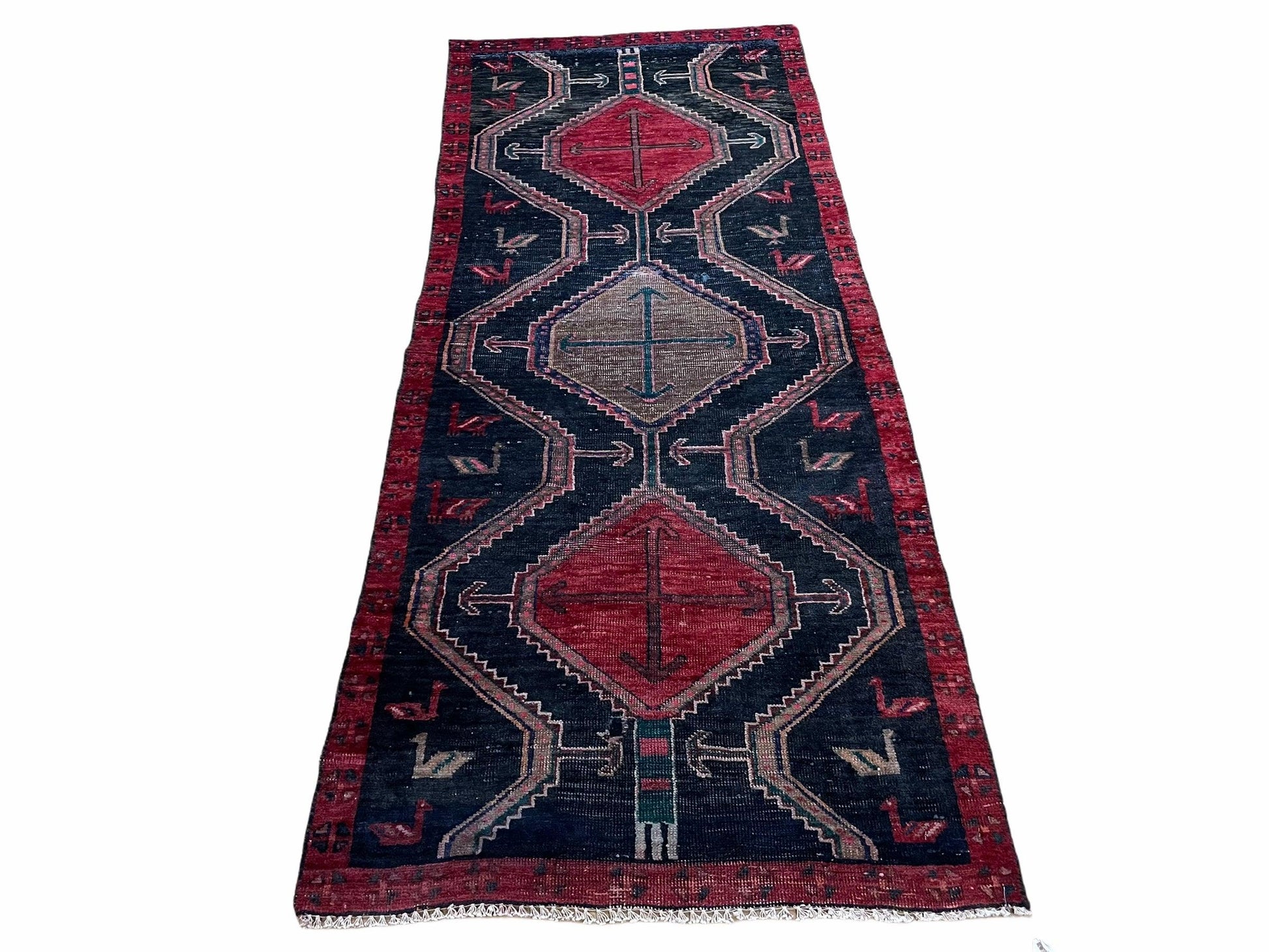 3 X 7 Handmade Wool Tribal Runner Rug Geometric Red Blue Boho Organic Dyes - Nuvé