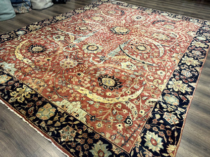 Indian Agra Rug 9x11, Terracotta and Navy Blue, Sickle Leaf Rug - Nuvé
