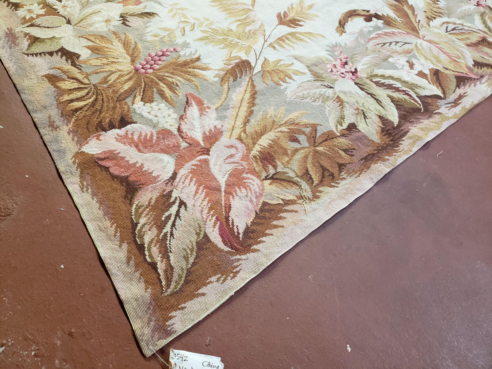 7' 7" x 9' 8" Needlepoint Rug Floral Beige Flat Weave Carpet 8x10 Handmade New Area Rug - Nuvé