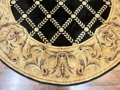 Oval Tibetan Rug 8x10, French Aubusson Design, Wool Handmade Vintage Carpet, Black & Beige, Soft Wool Pile - Nuvé