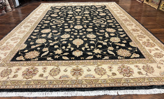 Indo Persian Rug 10x14, Charcoal and Beige, Floral Allover, Handmade Vintage Wool Carpet - Nuvé