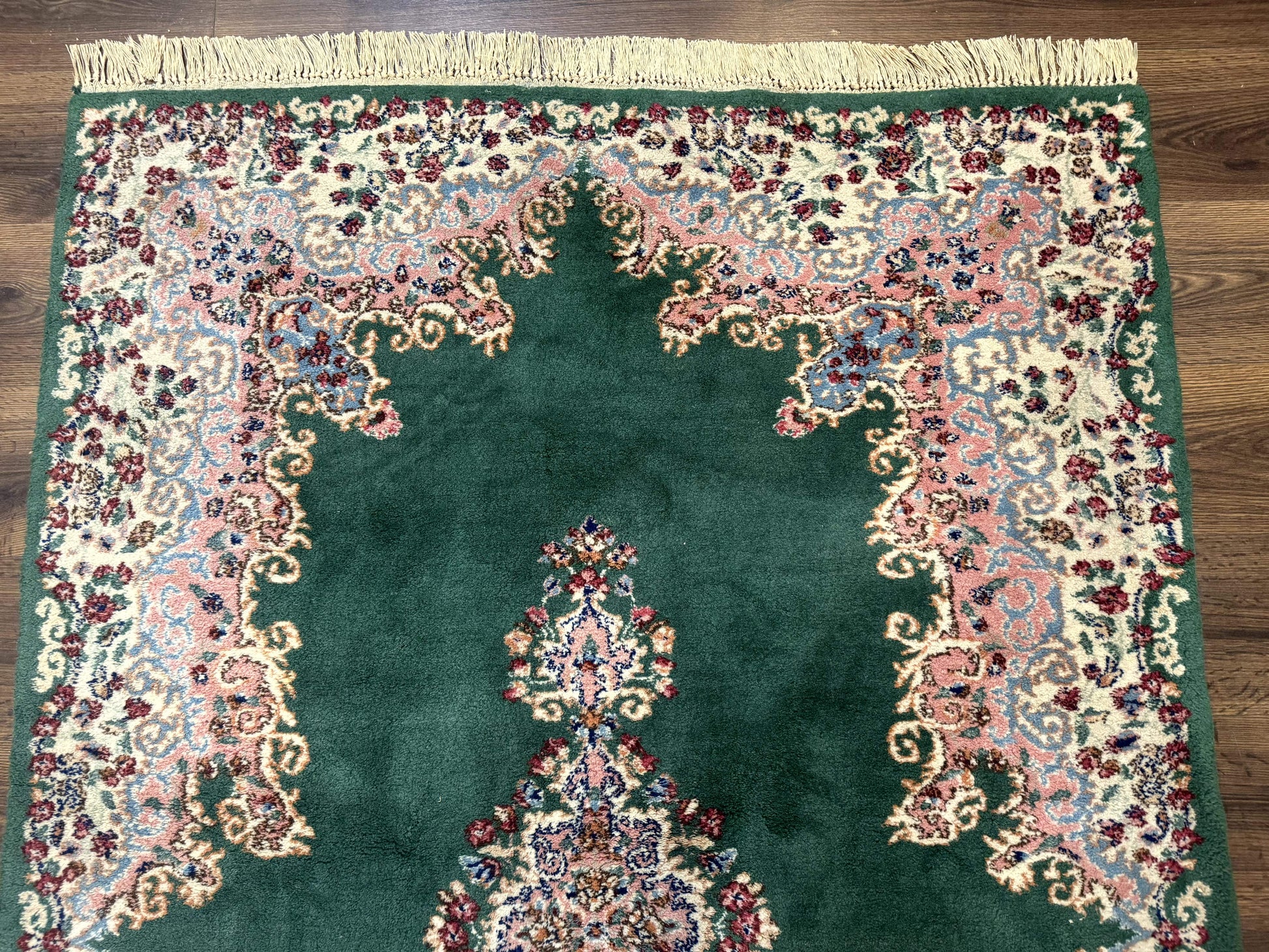 Persian Kerman Rug 4x6, Green Ivory Pink, Wool Vintage, Semi Open Field - Nuvé