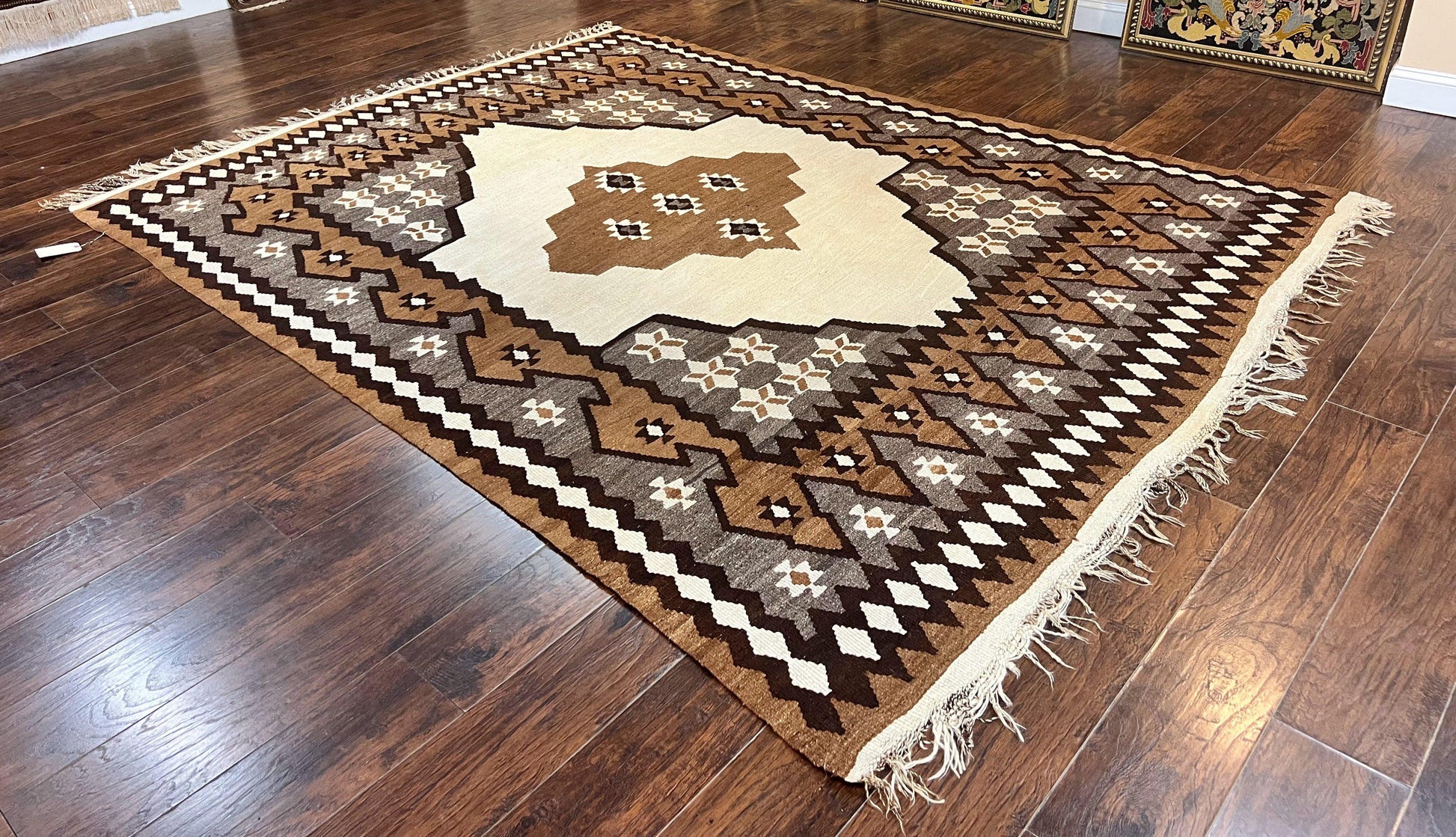 Antique Persian Fars Kilim Rug 8x11, Wool, Boho Tribal Persian Shiraz Flatweave Carpet, Semi Open Field, Geometric, Handmade, Vintage Semi Antique - Nuvé