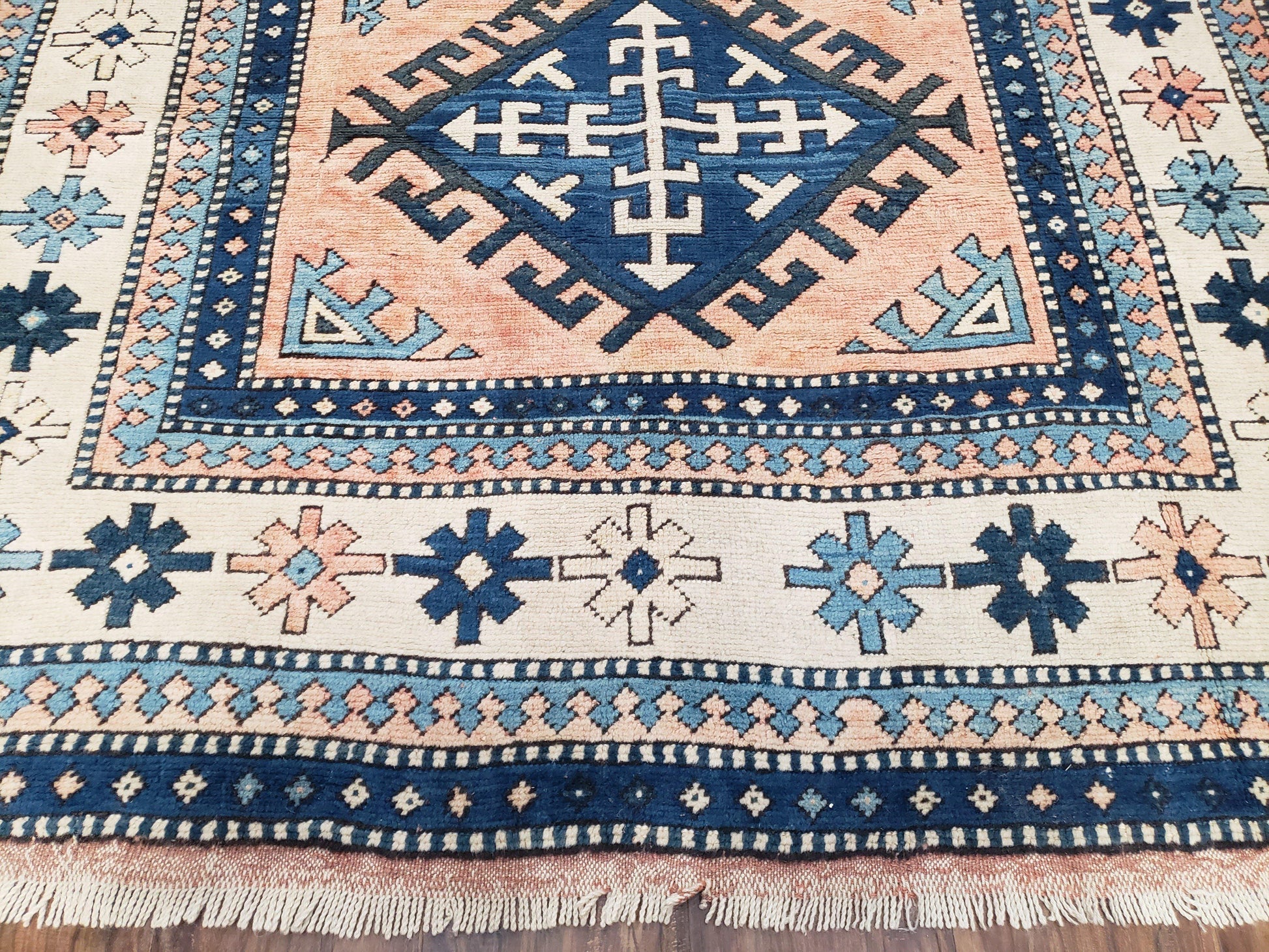 Turkish Kazak Rug 5x8 ft, Bold Geometric Bohemian Carpet, Blue and Ivory Hand Knotted Area Rug, Medium Sized High Quality Wool Oriental Rug - Nuvé