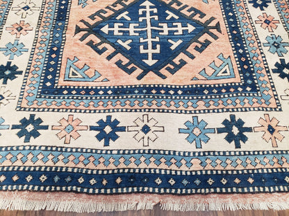 Turkish Kazak Rug 5x8 ft, Bold Geometric Bohemian Carpet, Blue and Ivory Hand Knotted Area Rug, Medium Sized High Quality Wool Oriental Rug - Nuvé