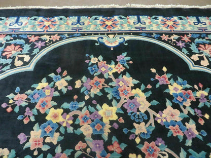 8' x 10' Vintage Handmade Art Deco Plush Chinese Wool Rug center Flower Black - Nuvé