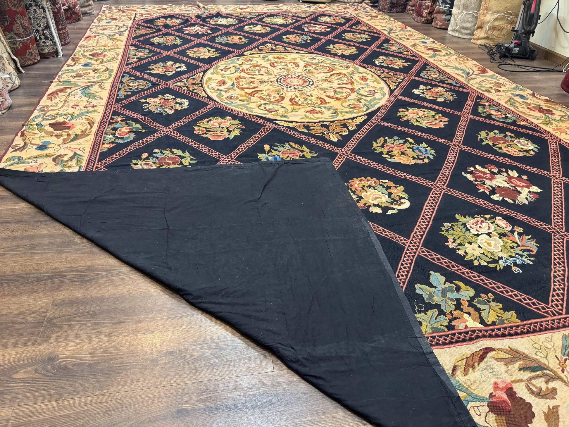 Palace Size Needlepoint Rug 12x20, European French English Aubusson Floral Design, Black and Beige - Nuvé