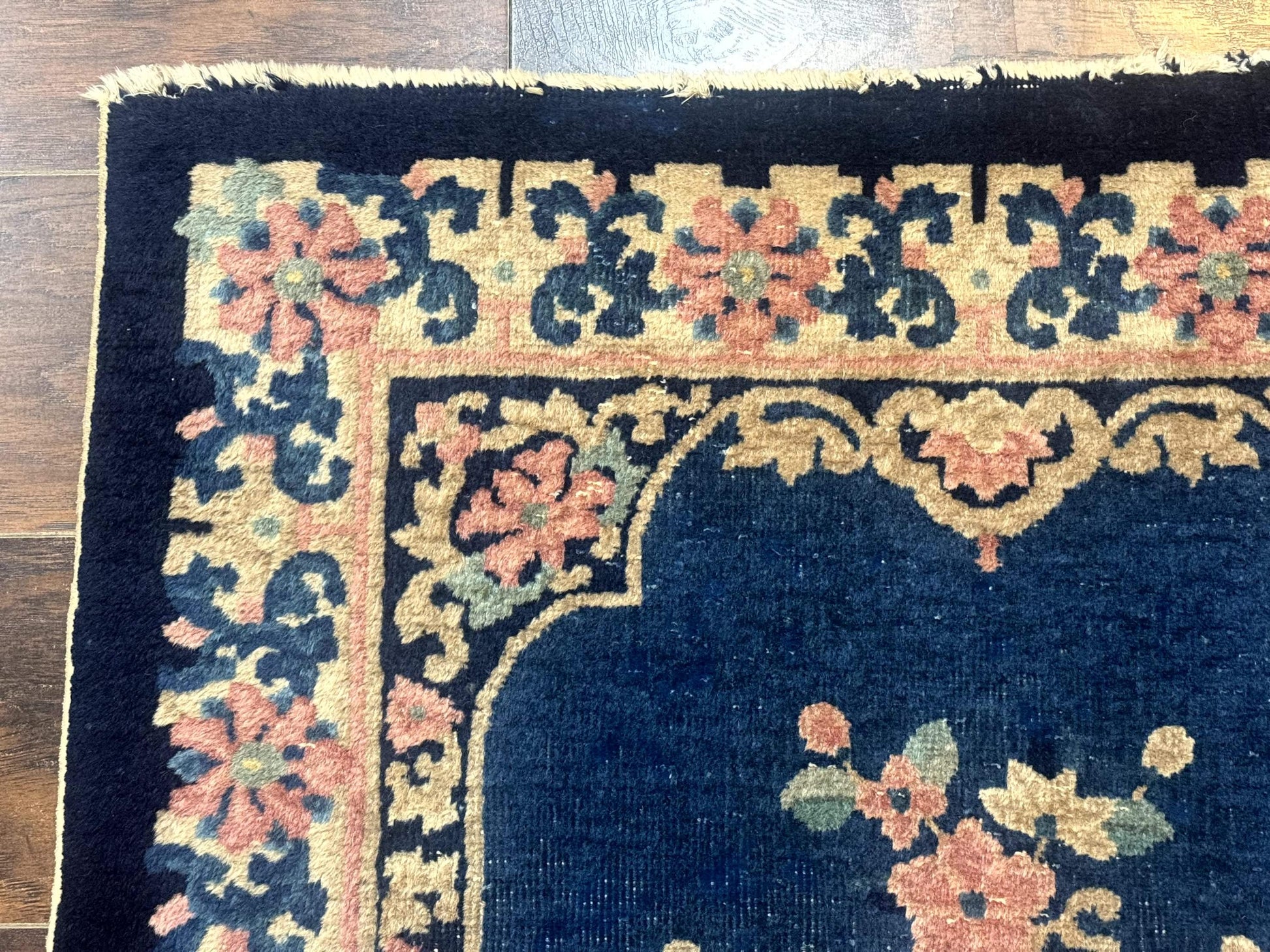 Blue and Beige Chinese Wool Rug 3x6, Chinese Fete Rug, Peking Rug, Antique Chinese Carpet - Nuvé