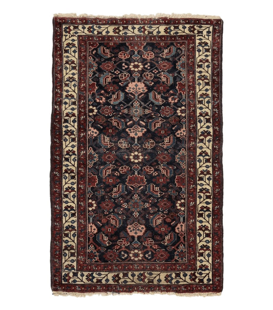 Navy Blue Antique Persian Rug 3x6, Blue and Ivory Persian Carpet, Handmade 1920s Hamadan Rug