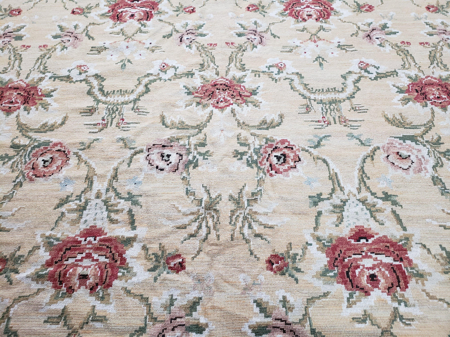 Needlepoint Rug 10x14 Wool Flatweave Carpet, English Floral Pattern, Pale Yellow, Roses, Allover Pattern, Handmade Large Needlepoint Nice