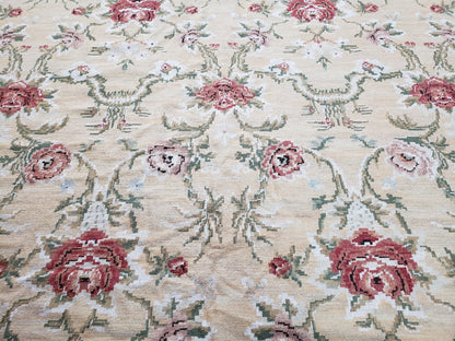 Needlepoint Rug 10x14 Wool Flatweave Carpet, English Floral Pattern, Pale Yellow, Roses, Allover Pattern, Handmade Large Needlepoint Nice