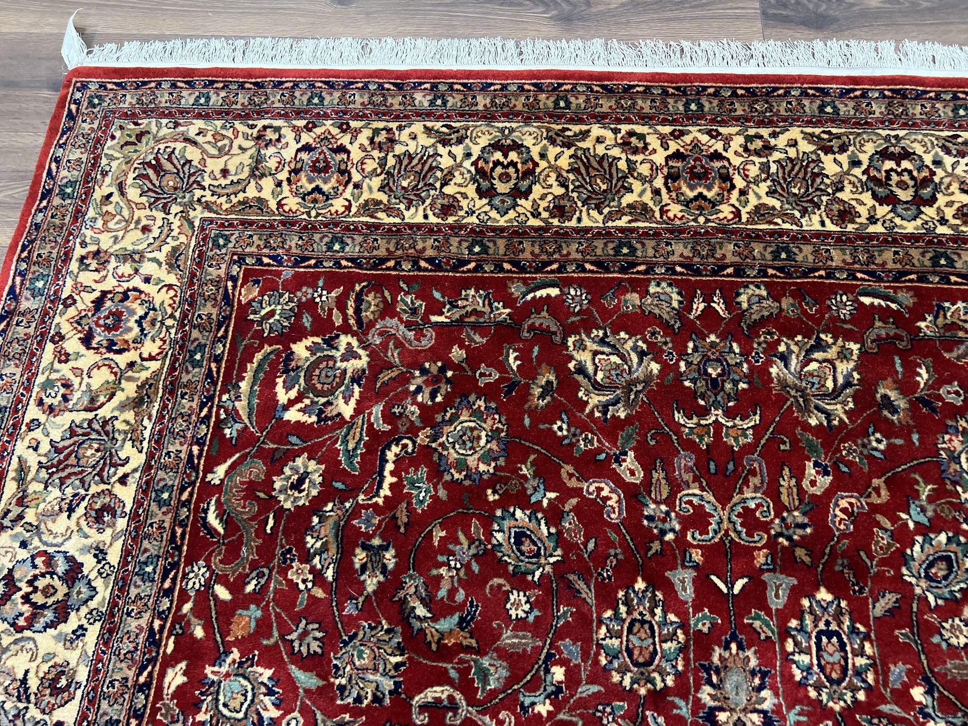 Vintage Indo Persian Rug 6x9, Very Finely Hand-Knotted Carpet 6 x 9 Red Cream Indian Oriental Carpet, Traditional Floral Wool Area Rug 1970s - Nuvé