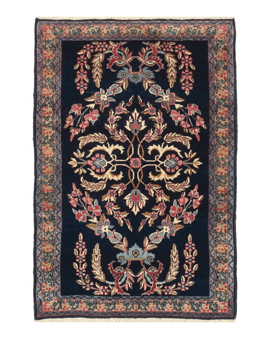 Antique Persian Kerman Rug 2.8 x 4, Navy Blue, Floral