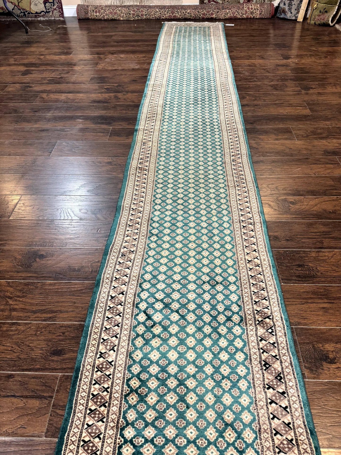 Long Pakistani Runner Rug 2.8 x 20, Hand Knotted Vintage Wool Hallway Rug, Turkoman Rug, Teal and Tan, Handmade Vintage Wool Runner - Nuvé