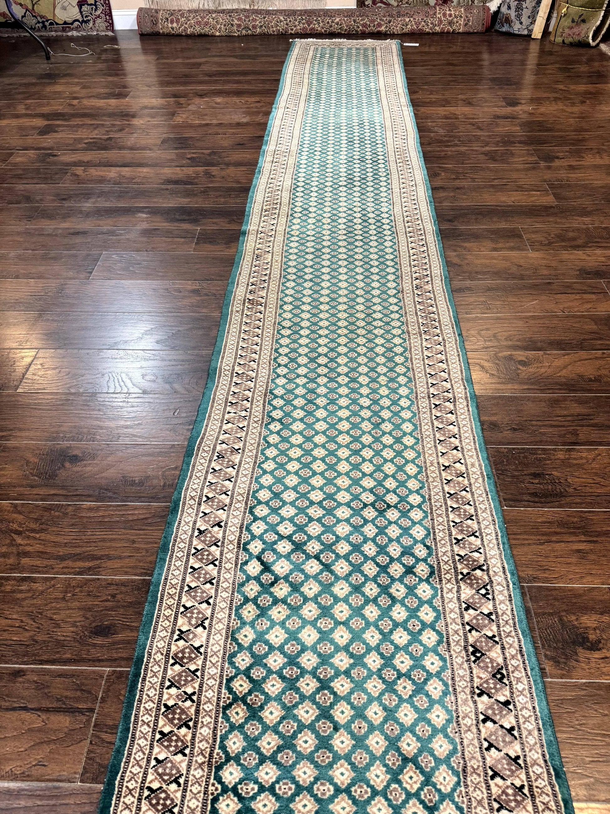 Long Pakistani Runner Rug 2.8 x 20, Hand Knotted Vintage Wool Hallway Rug, Turkoman Rug, Teal and Tan, Handmade Vintage Wool Runner - Nuvé