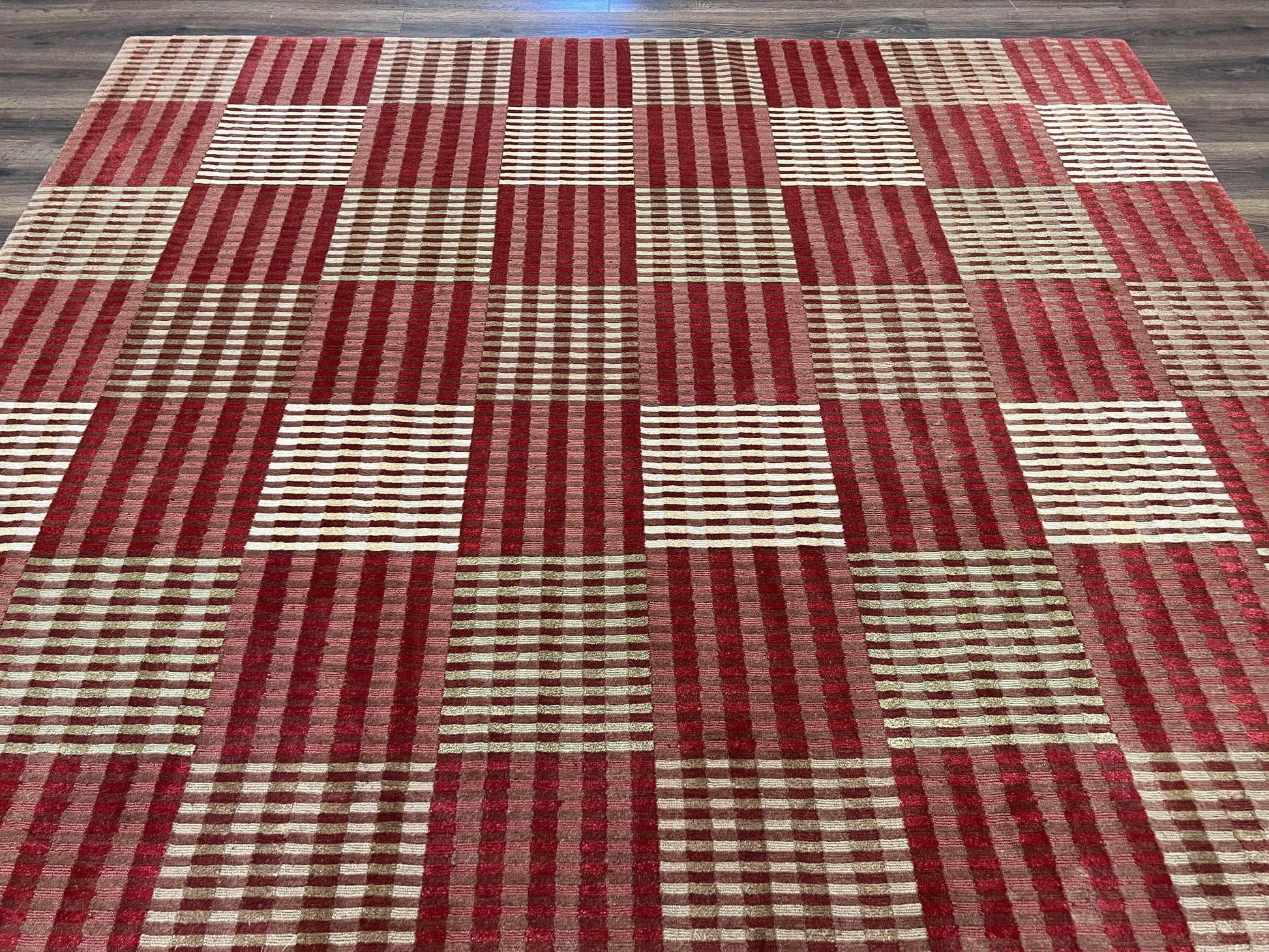 Modern Tibetan Rug 8x10, Hand Knotted Contemporary Nepali Carpet 8 x 10, Checkerboard Design, Red Cream Light Brown, Very Fine Wool & Silk - Nuvé