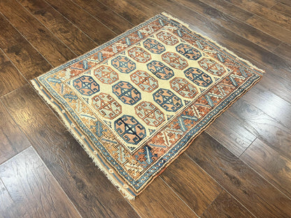 Turkish Kazak Rug 3x4, Wool Hand Knotted Handmade Vintage Carpet, Geometric Tribal Repeated Motif, Small 3 x 4 Antique Rug, Cream Red - Nuvé