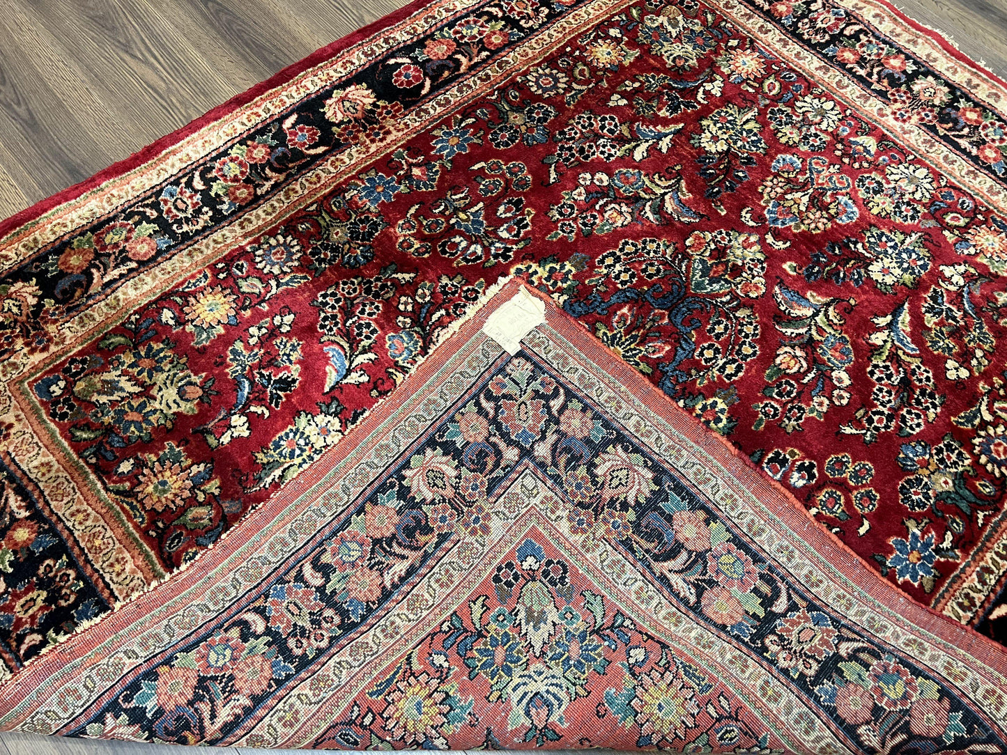 Rare Persian Almost Square Rug 6.3 x 5.3, Hand Knotted Wool Antique 1920s Sarouk Oriental Carpet, Red Navy Blue Beige, Floral Allover, 5x6 Area Rug - Nuvé
