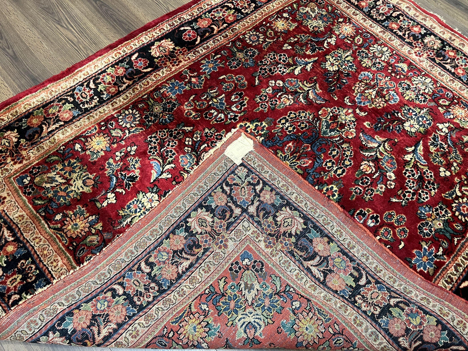 Rare Persian Almost Square Rug 6.3 x 5.3, Hand Knotted Wool Antique 1920s Sarouk Oriental Carpet, Red Navy Blue Beige, Floral Allover, 5x6 Area Rug - Nuvé