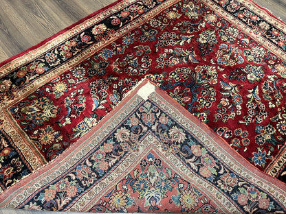 Rare Persian Almost Square Rug 6.3 x 5.3, Hand Knotted Wool Antique 1920s Sarouk Oriental Carpet, Red Navy Blue Beige, Floral Allover, 5x6 Area Rug - Nuvé