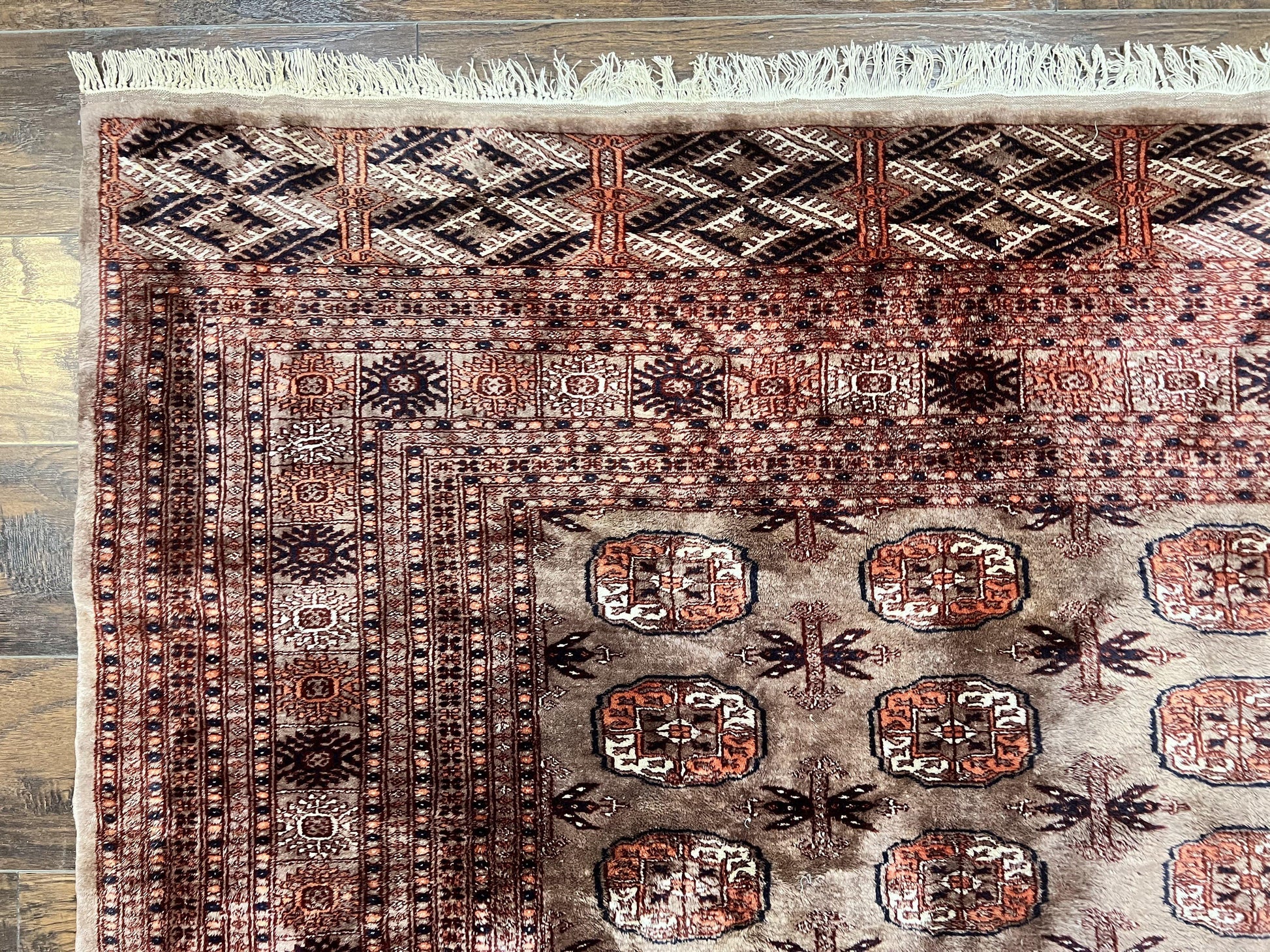 Pakistani Bokhara Turkoman Rug 7x10, Handmade Vintage Wool Carpet, Brown-Red - Nuvé