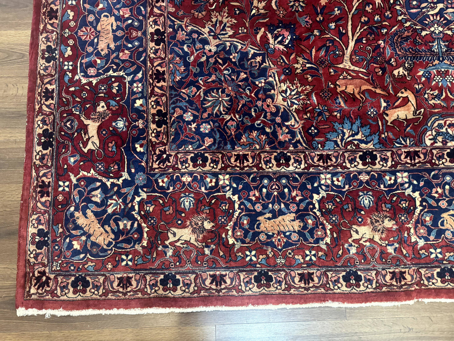 Antique Indo Persian Kerman Rug 9x12 Red Manchester Wool Animal Pictorials, Fine 290 KPSI - Nuvé