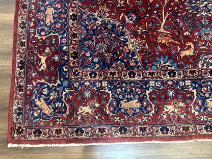 Antique Indo Persian Kerman Rug 9x12 Red Manchester Wool Animal Pictorials, Fine 290 KPSI - Nuvé