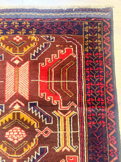 Afghan Rug 3x7, Maroon and Navy Blue, Balouch Carpet, Tribal Rug, New