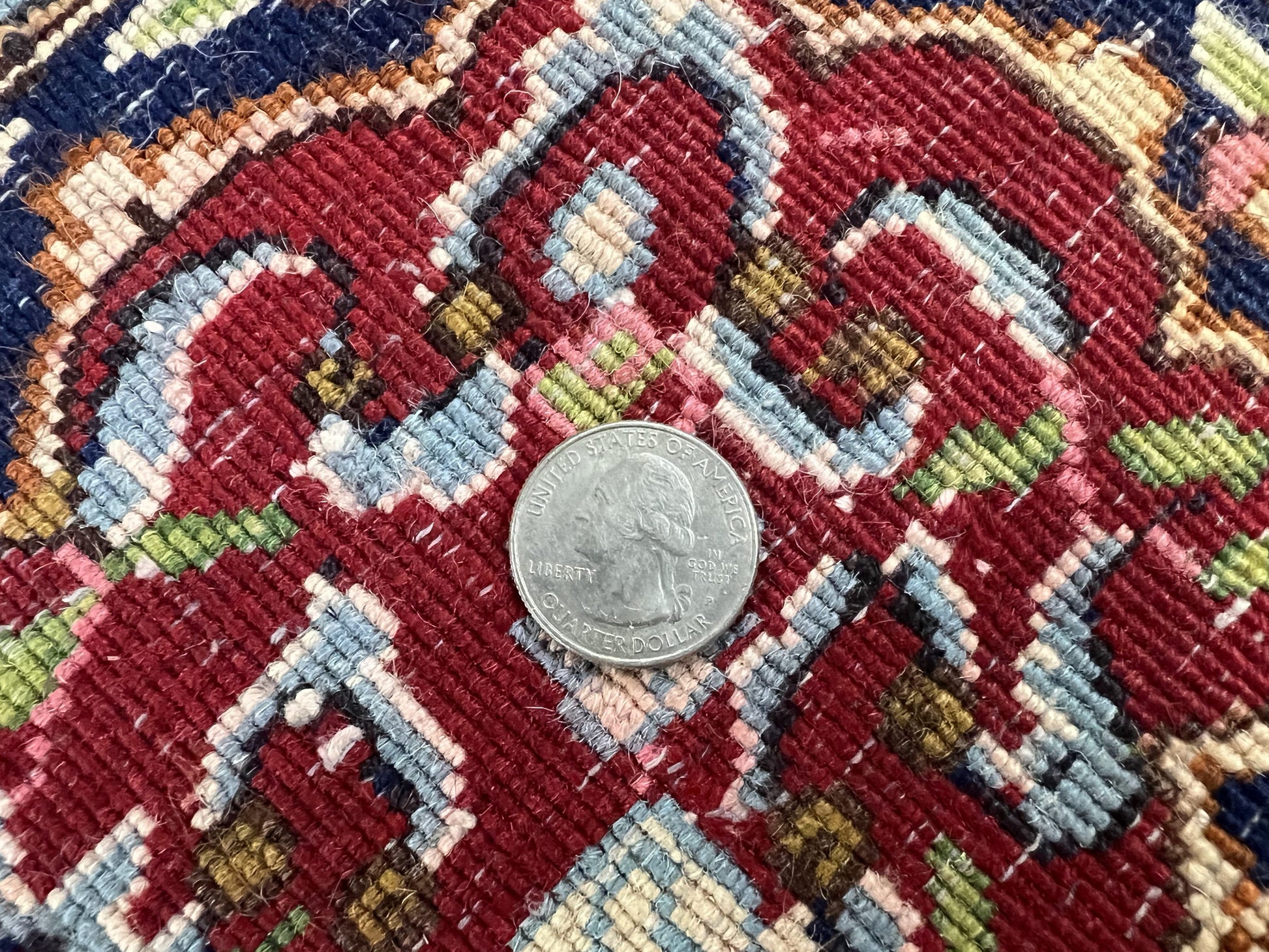 Persian Rug 7x10, Kirman Oriental Carpet 7 x 10 ft, Hand Knotted Wool Floral Medallion Semi Antique Persian Rug, Dark Red Light Blue Vintage - Nuvé