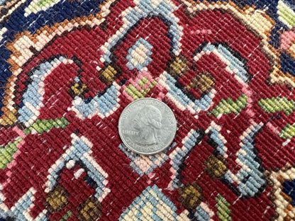 Persian Rug 7x10, Kirman Oriental Carpet 7 x 10 ft, Hand Knotted Wool Floral Medallion Semi Antique Persian Rug, Dark Red Light Blue Vintage - Nuvé