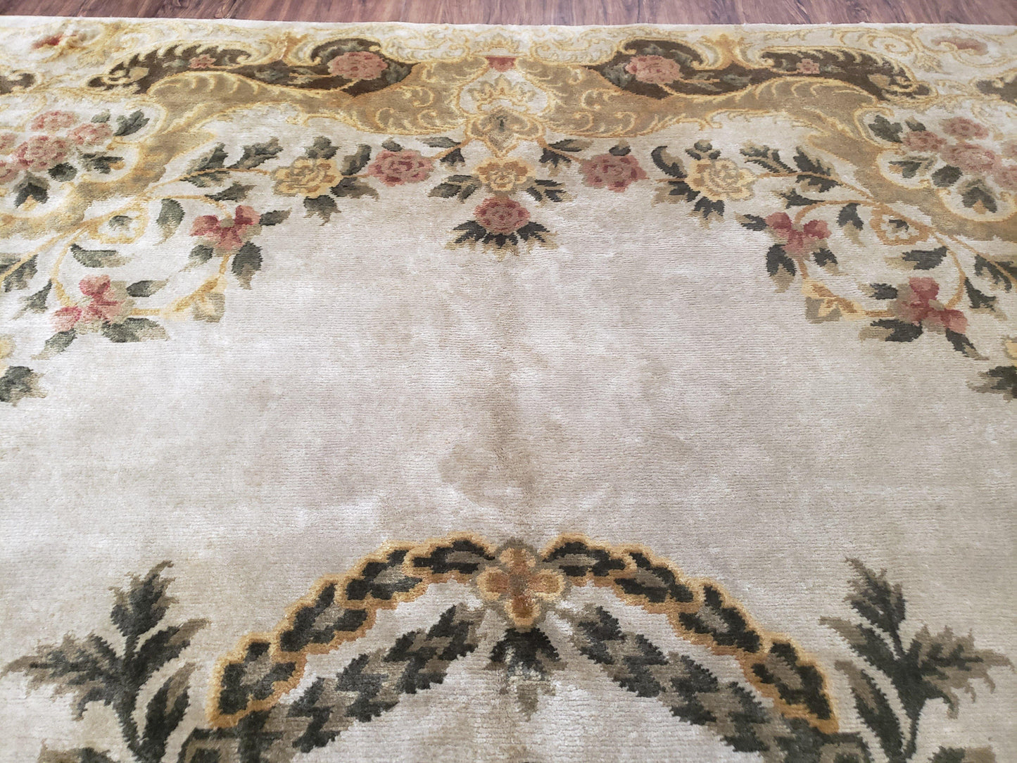 Aubusson Rug 10x14, Elegant French European Design, Vintage Handmade Carpet with Pile, Beige Floral Dining Room Rug, Living Room, Soft Wool - Nuvé
