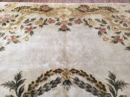 Aubusson Rug 10x14, Elegant French European Design, Vintage Handmade Carpet with Pile, Beige Floral Dining Room Rug, Living Room, Soft Wool - Nuvé
