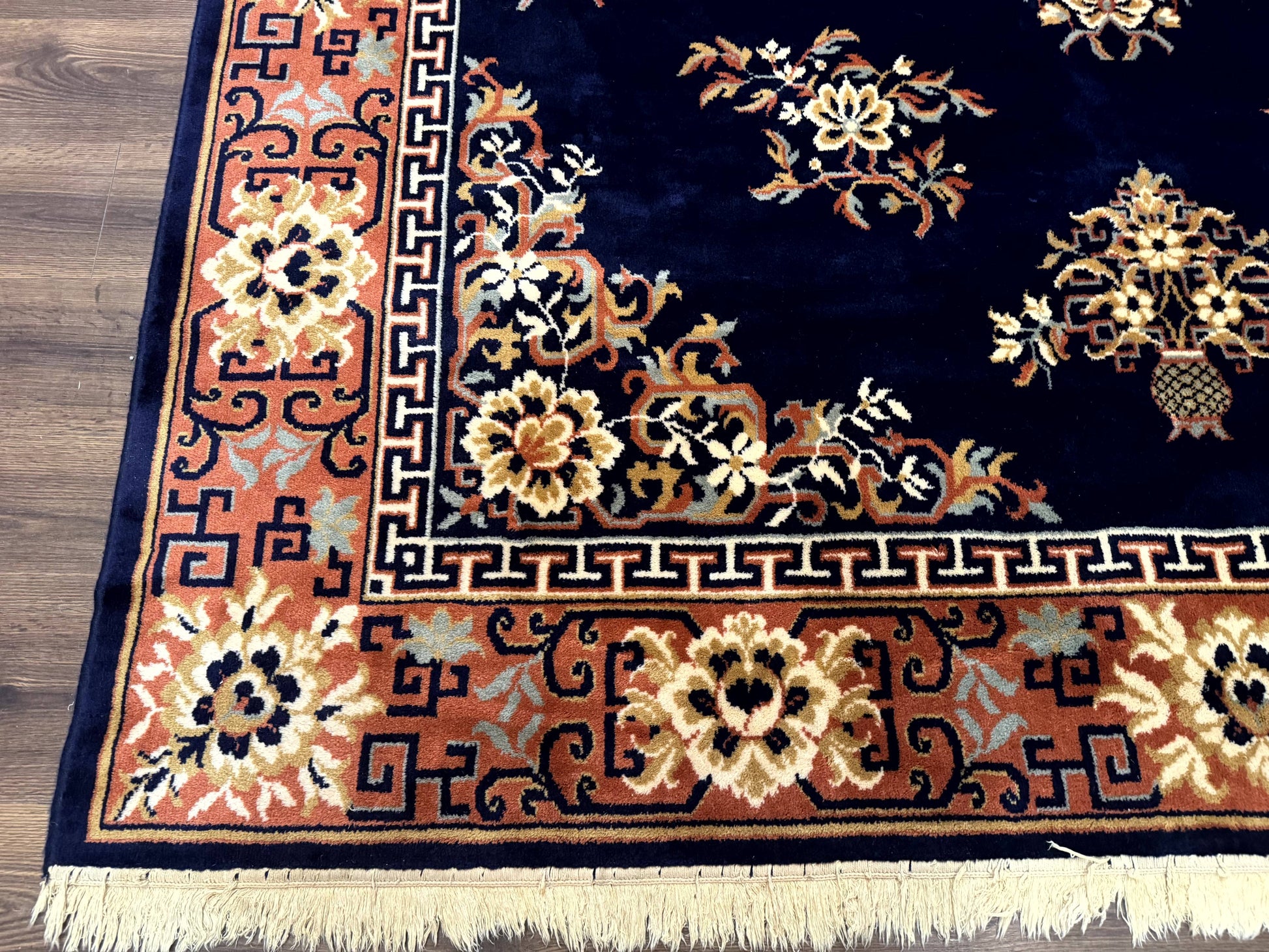 Chinese Wool Rug 8x11, Navy Blue and Terracotta, Floral, Couristan Belgium Power Loomed Carpet - Nuvé