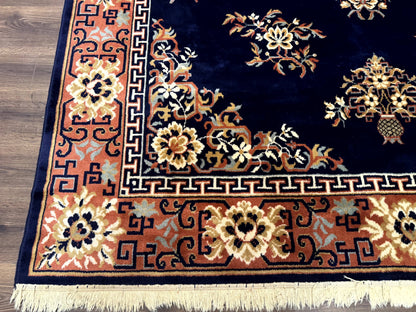 Chinese Wool Rug 8x11, Navy Blue and Terracotta, Floral, Couristan Belgium Power Loomed Carpet - Nuvé