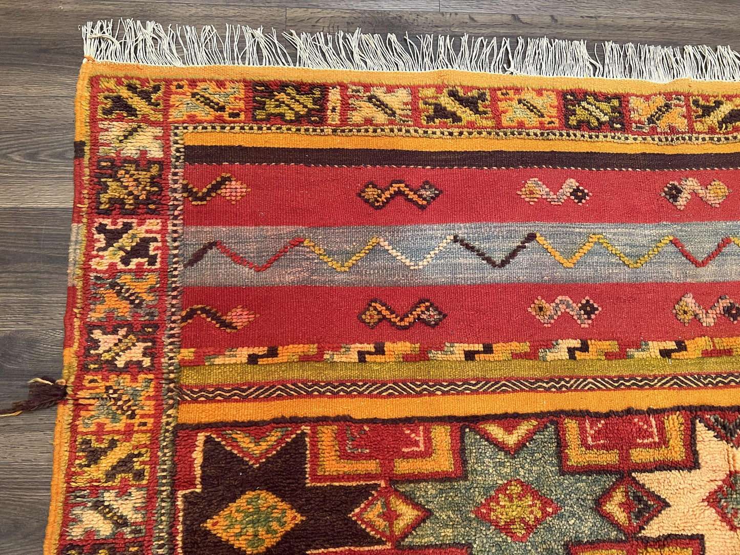 Unique Moroccan Rug 7x10, Room Sized Carpet, Red Orange Gray, Wool Oriental Striped Geometric Tribal Boho Rug, Flatweave with Raised Pile - Nuvé