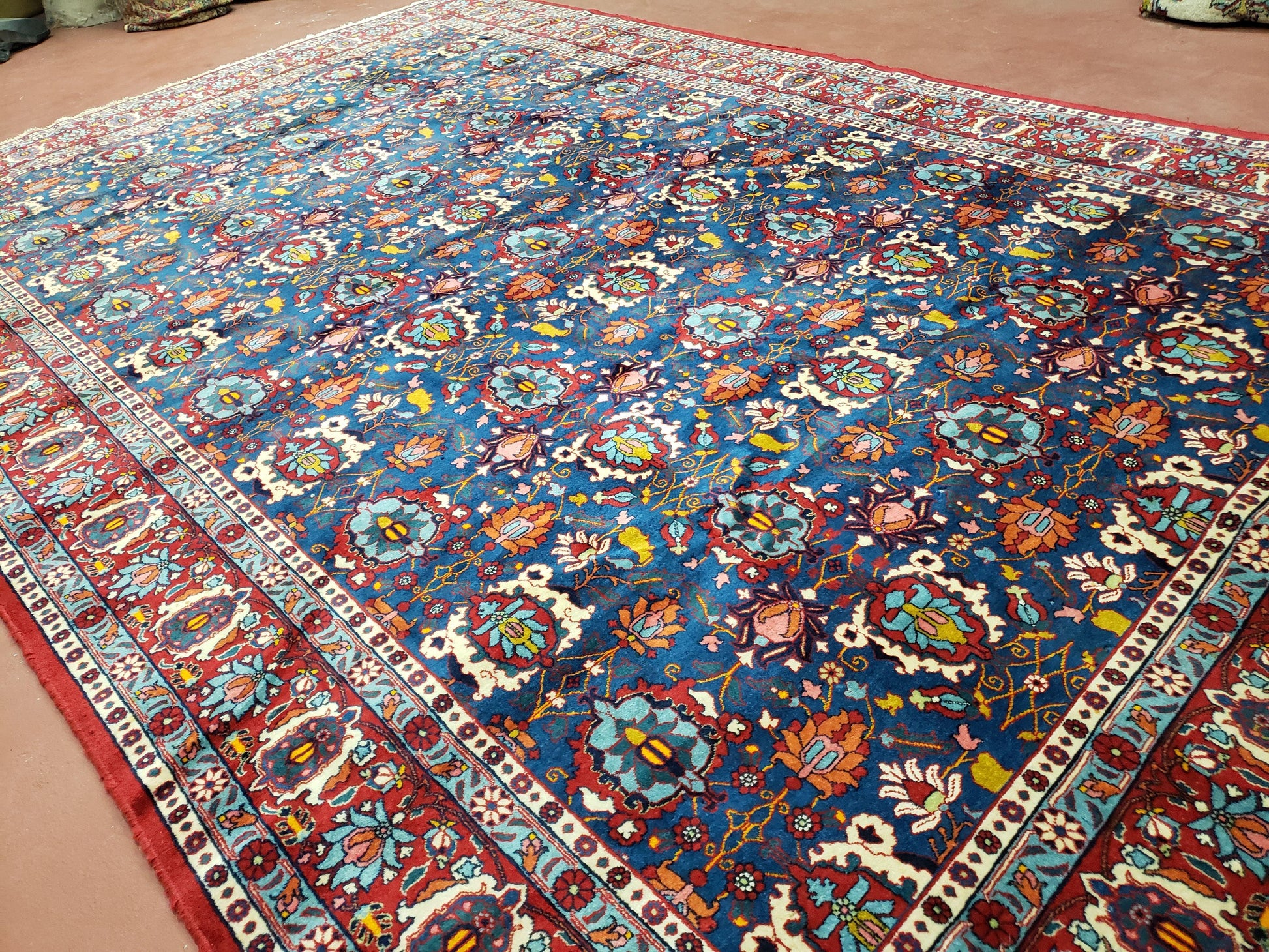 Rare Antique Persian Veramin Carpet, Mina-Khani Pattern, Blue, Red, Ivory, 7x11 ft, Hand-Knotted, Wool - Nuvé
