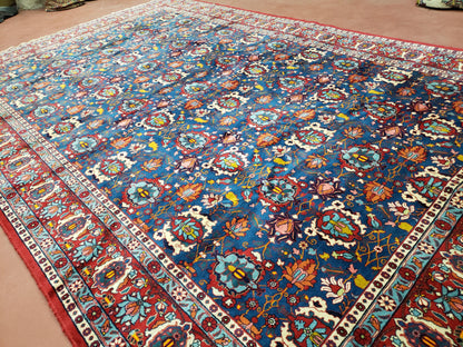 Rare Antique Persian Veramin Carpet, Mina-Khani Pattern, Blue, Red, Ivory, 7x11 ft, Hand-Knotted, Wool - Nuvé